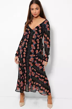 Floral Print Black V-Neck Chiffon Maxi Dress