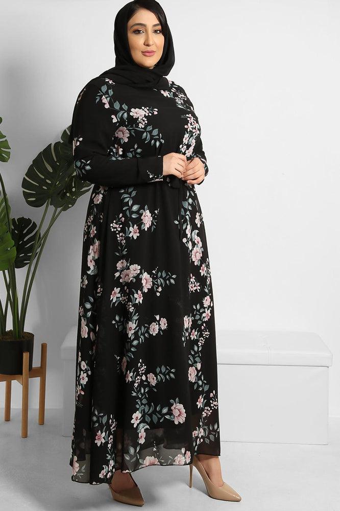 Floral Print Chiffon Modest Dress And Headscarf Set