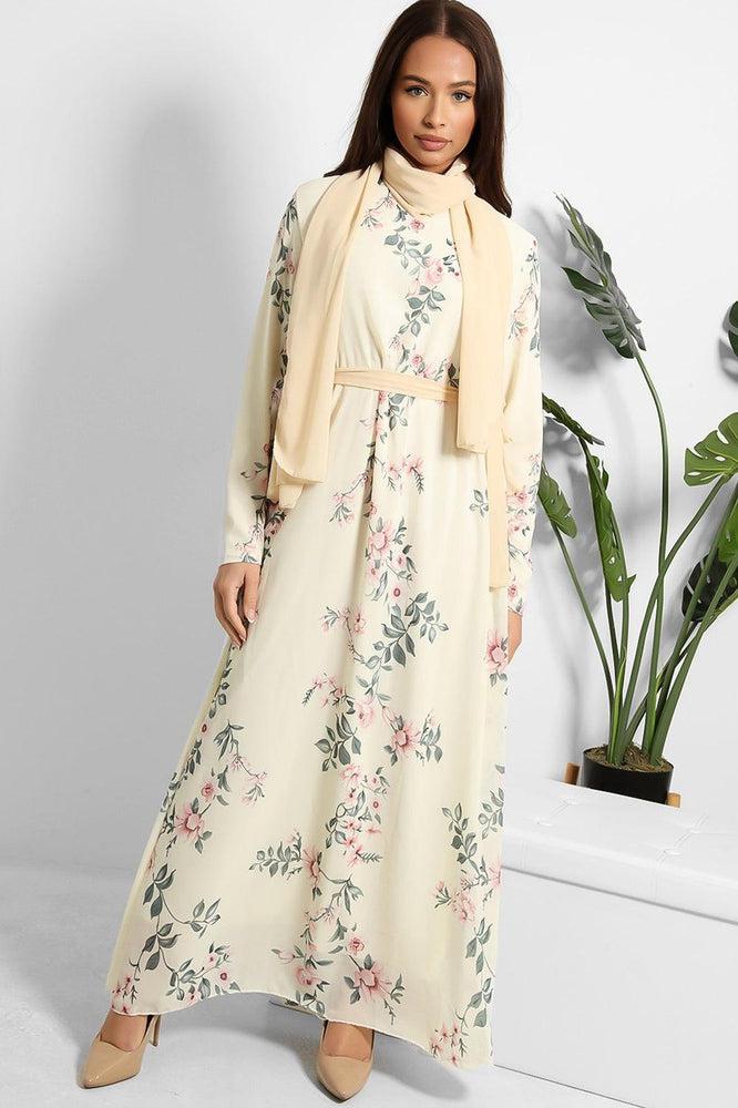 Floral Print Chiffon Modest Dress And Headscarf Set