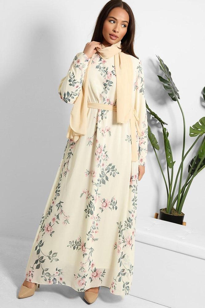 Floral Print Chiffon Modest Dress And Headscarf Set