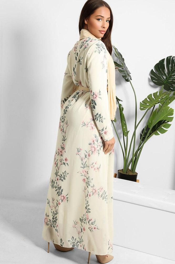 Floral Print Chiffon Modest Dress And Headscarf Set