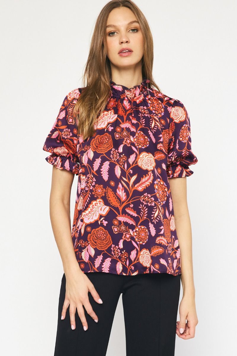 FLORAL PRINT MOCK NECK TOP - NAVY