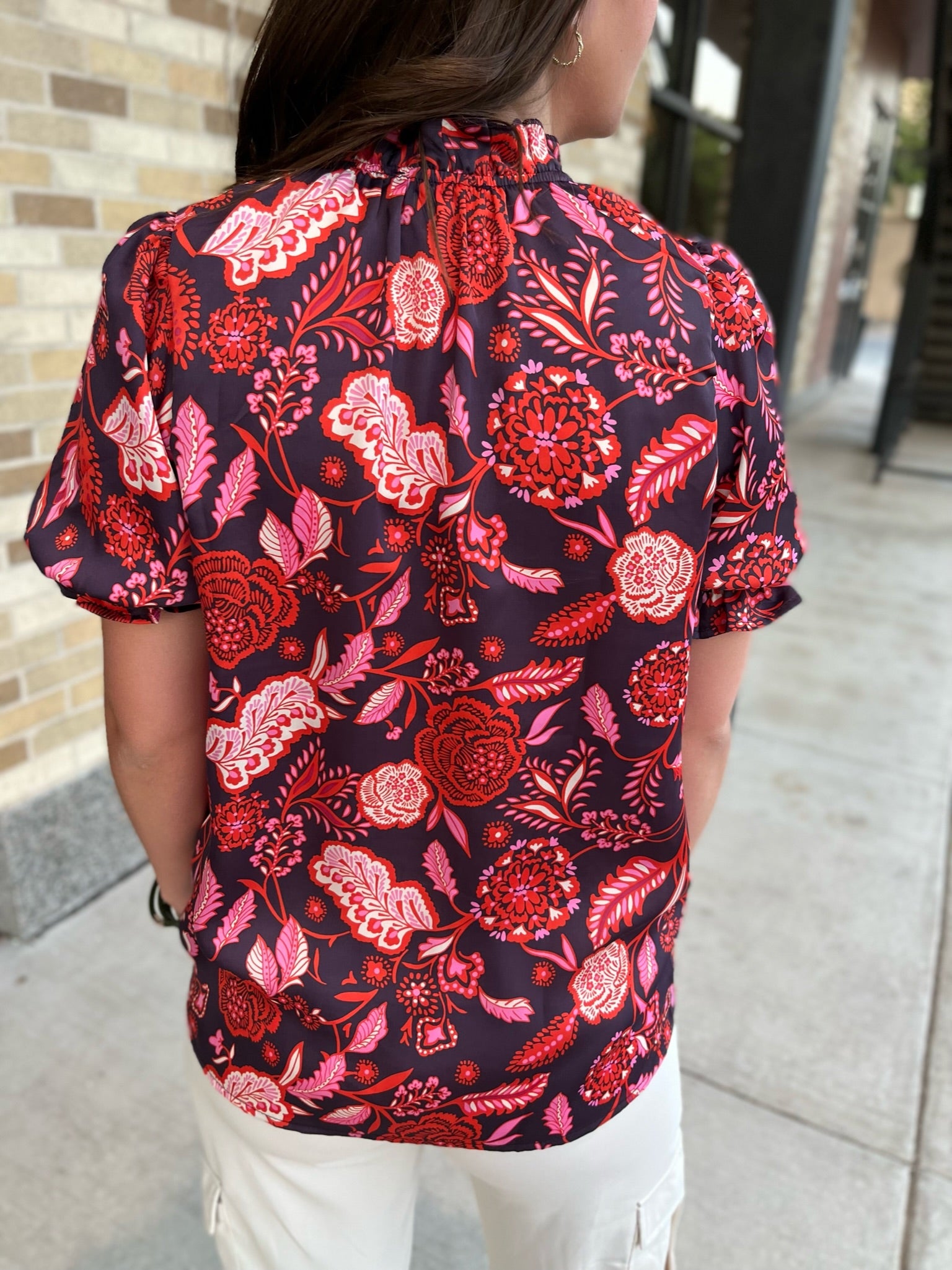 FLORAL PRINT MOCK NECK TOP - NAVY