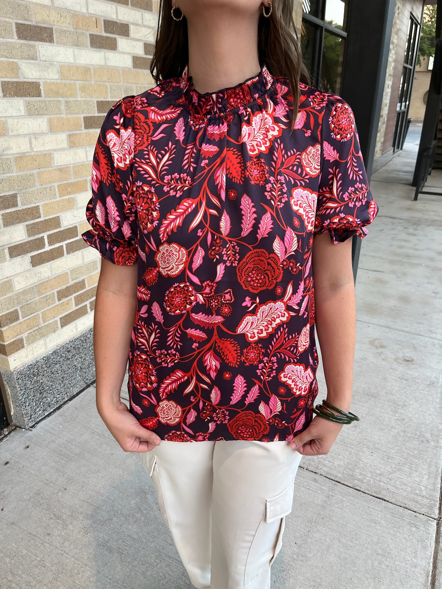 FLORAL PRINT MOCK NECK TOP - NAVY