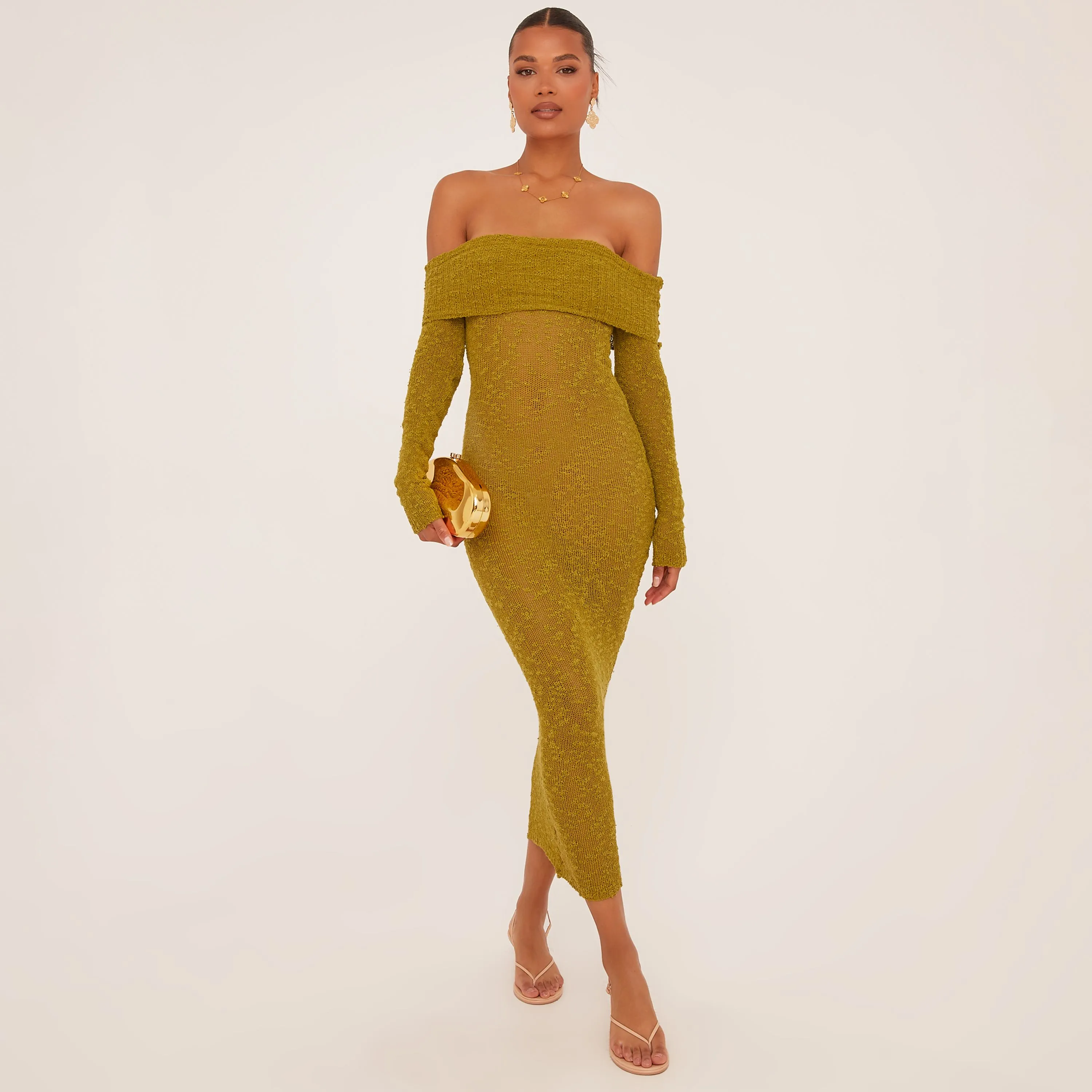 Fold Over Bardot Maxi Dress In Olive Green Textured Knit