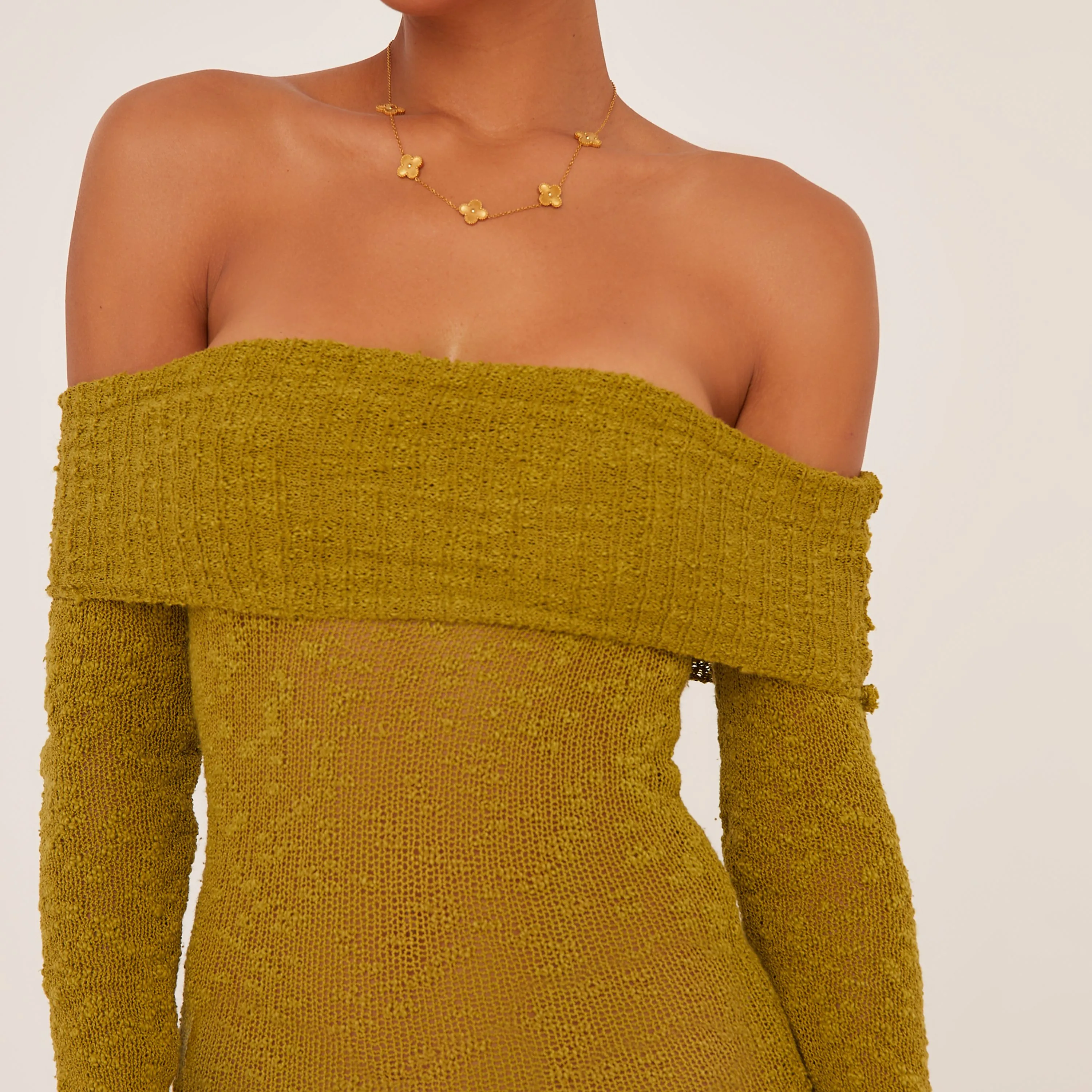 Fold Over Bardot Maxi Dress In Olive Green Textured Knit