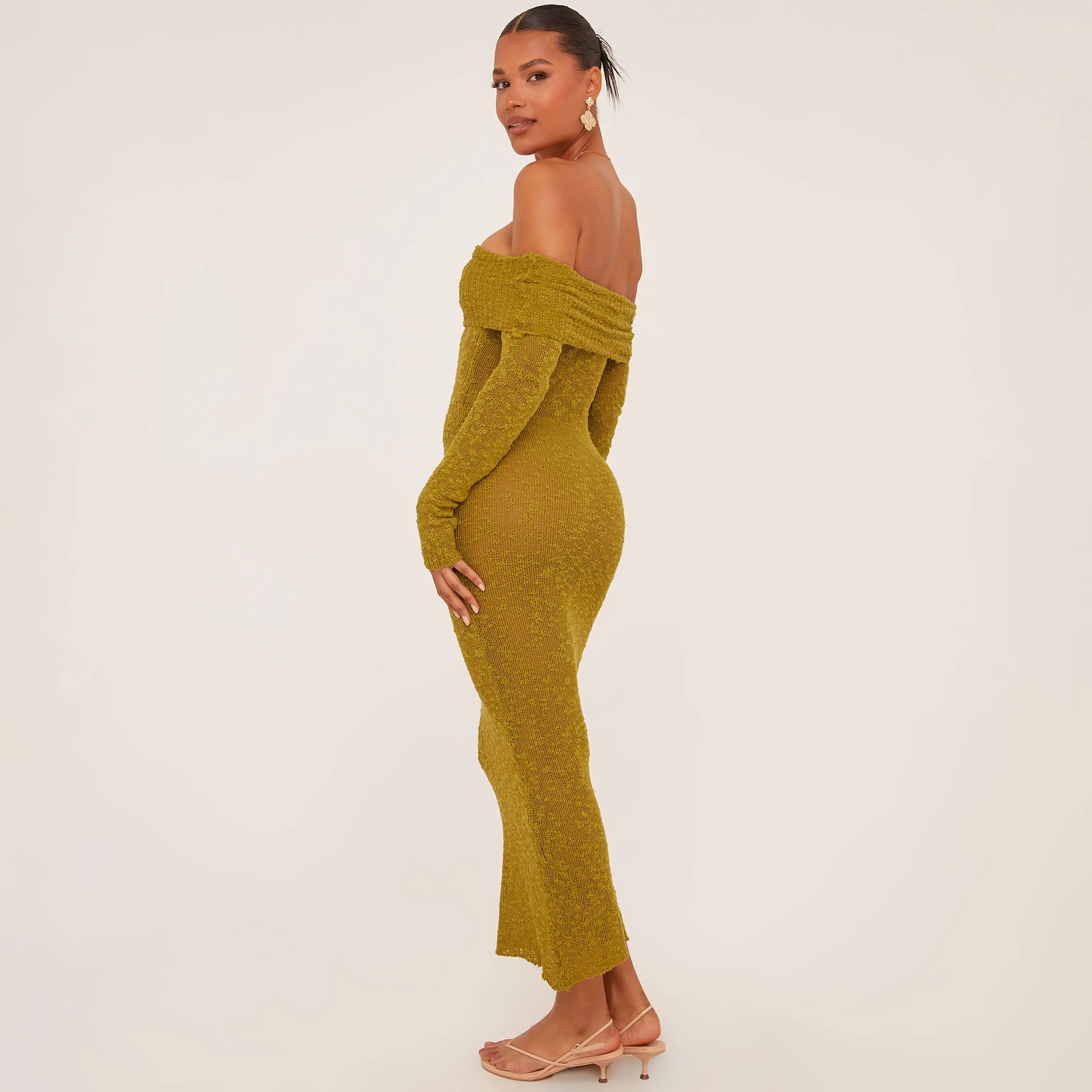 Fold Over Bardot Maxi Dress In Olive Green Textured Knit