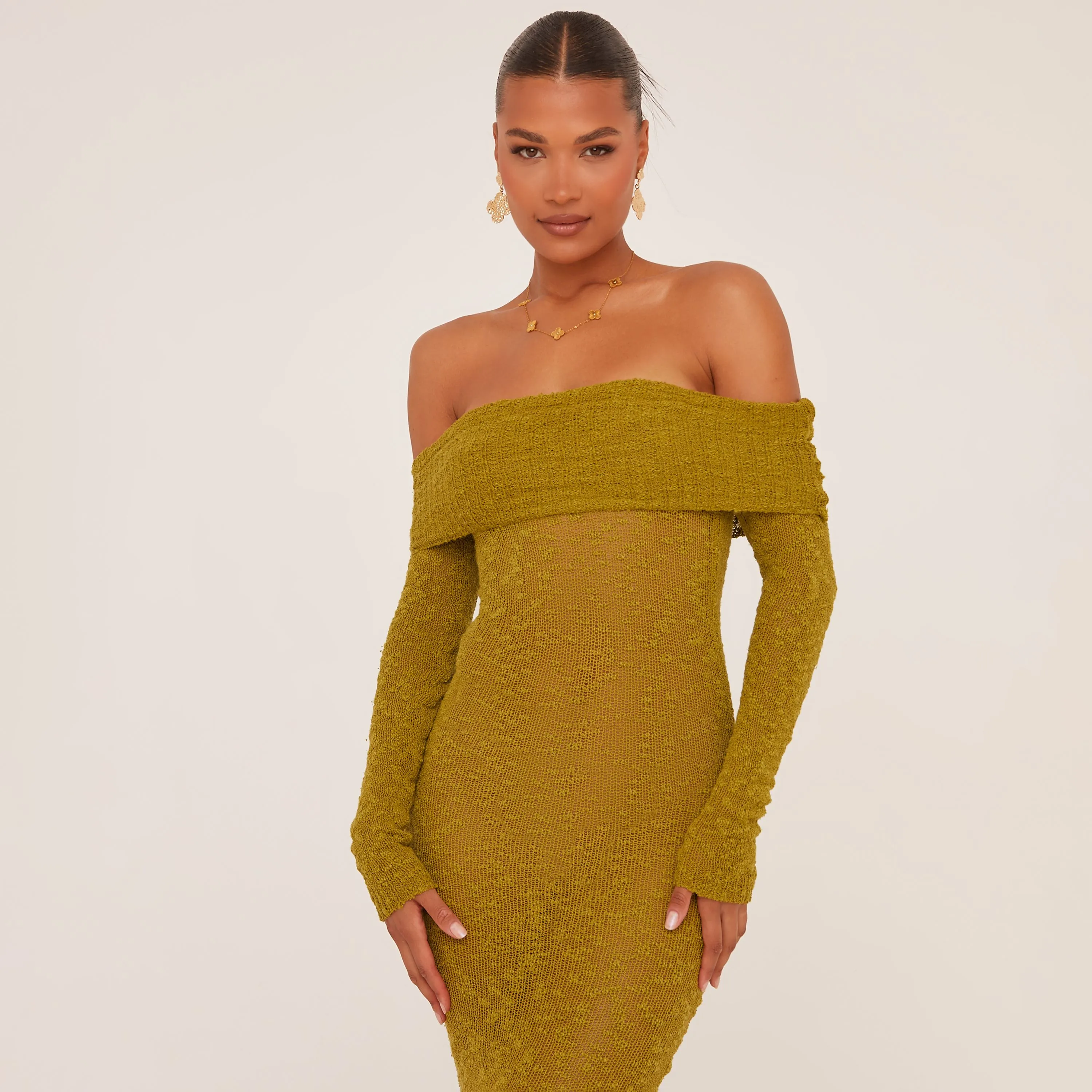 Fold Over Bardot Maxi Dress In Olive Green Textured Knit