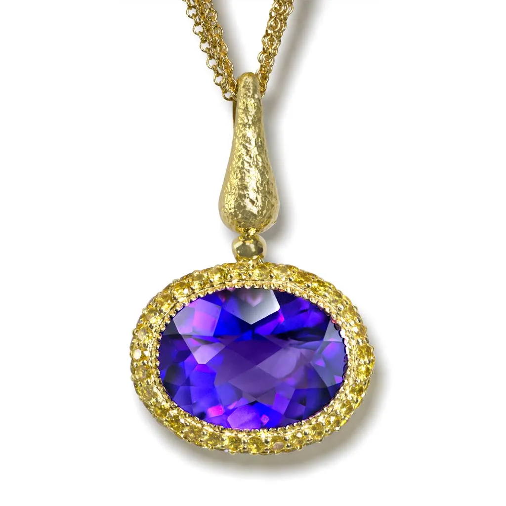 Gold Cocktail Pendant with Amethyst, Sapphires On Chain