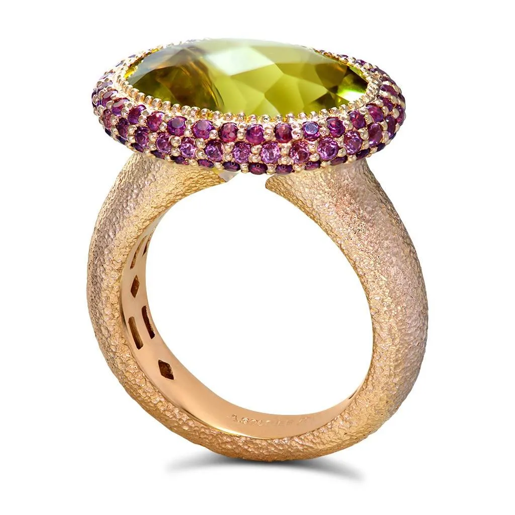 Gold Cocktail Ring with Lemon Quartz & Garnets