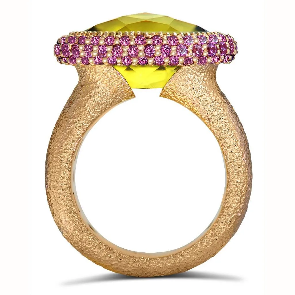 Gold Cocktail Ring with Lemon Quartz & Garnets