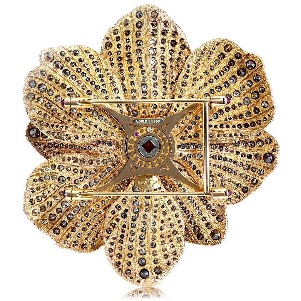 Gold Coronaria Brooch with Mandarin Garnet & Diamonds