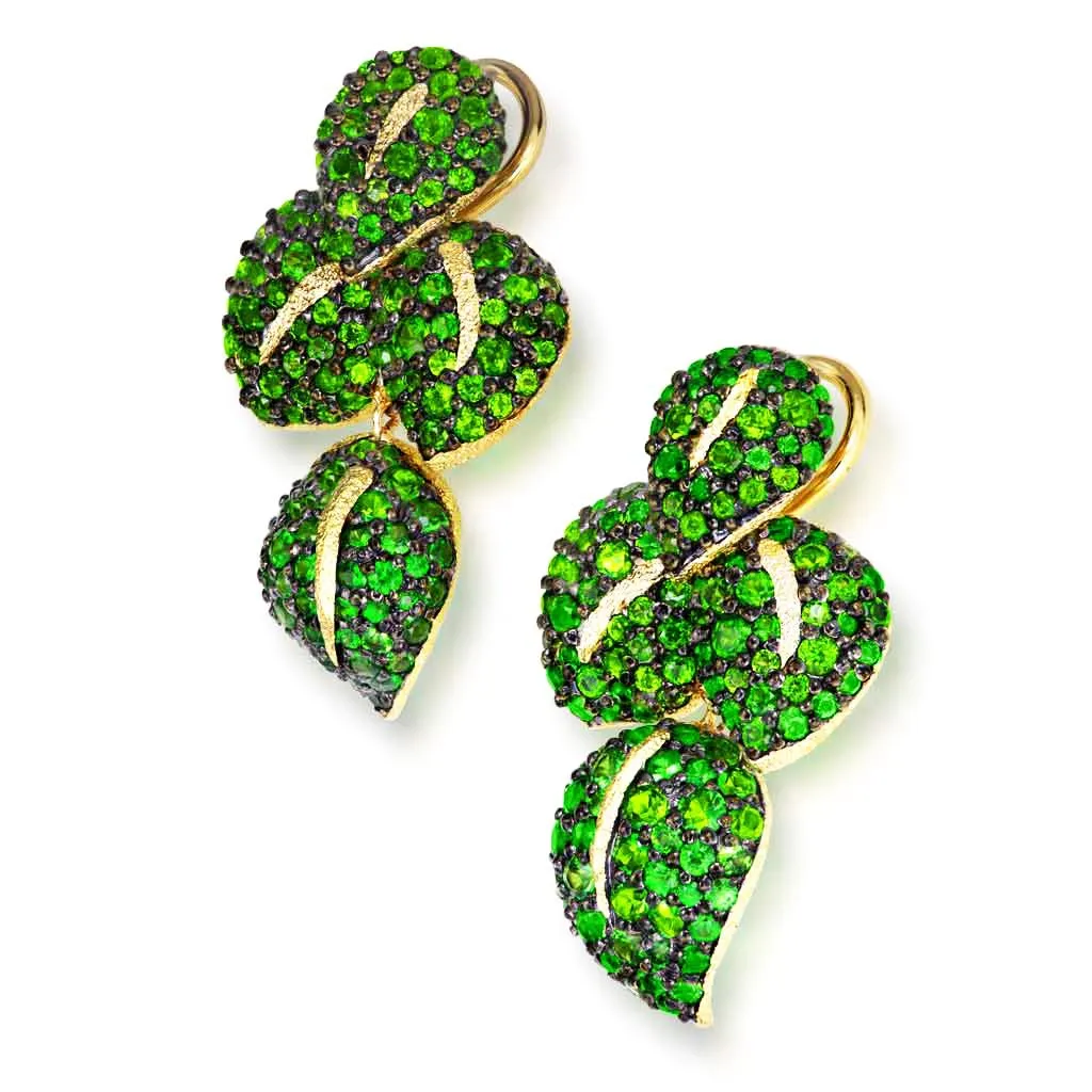 Gold Sunflower Green Leaf Earrings