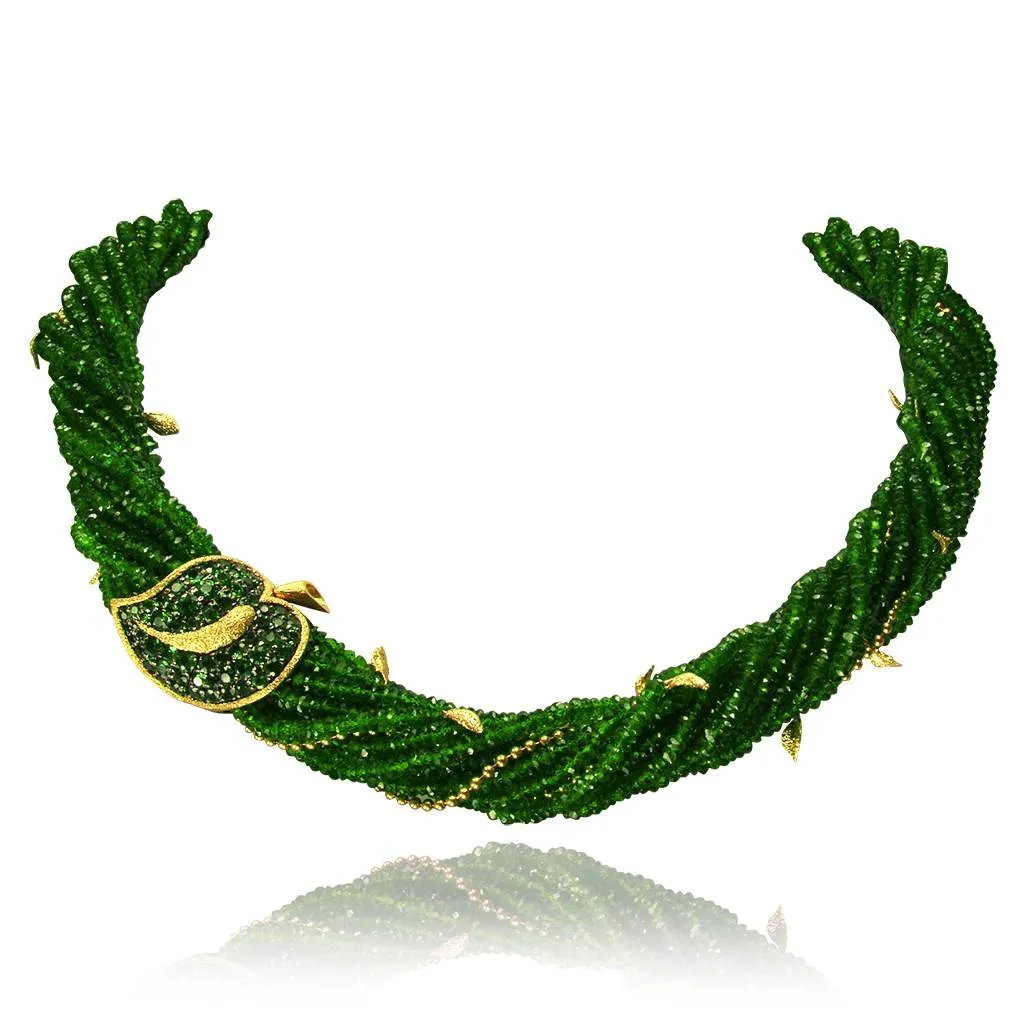 Gold Sunflower Leaf Necklace with Chrome Diopside