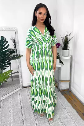 Green And White Kaleidoscope Print Shirred Waist Maxi Dress