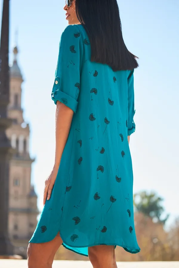 Green Dandelion Print Zip Front Shift Dress