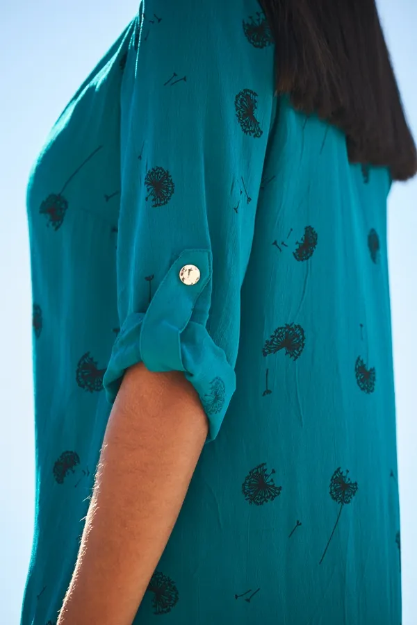 Green Dandelion Print Zip Front Shift Dress