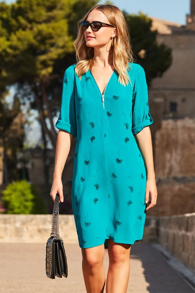 Green Dandelion Print Zip Front Shift Dress