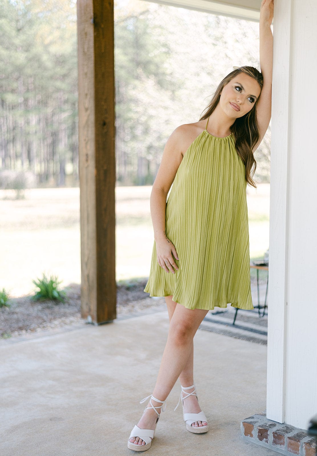 Green Pleated Halter Mini Dress