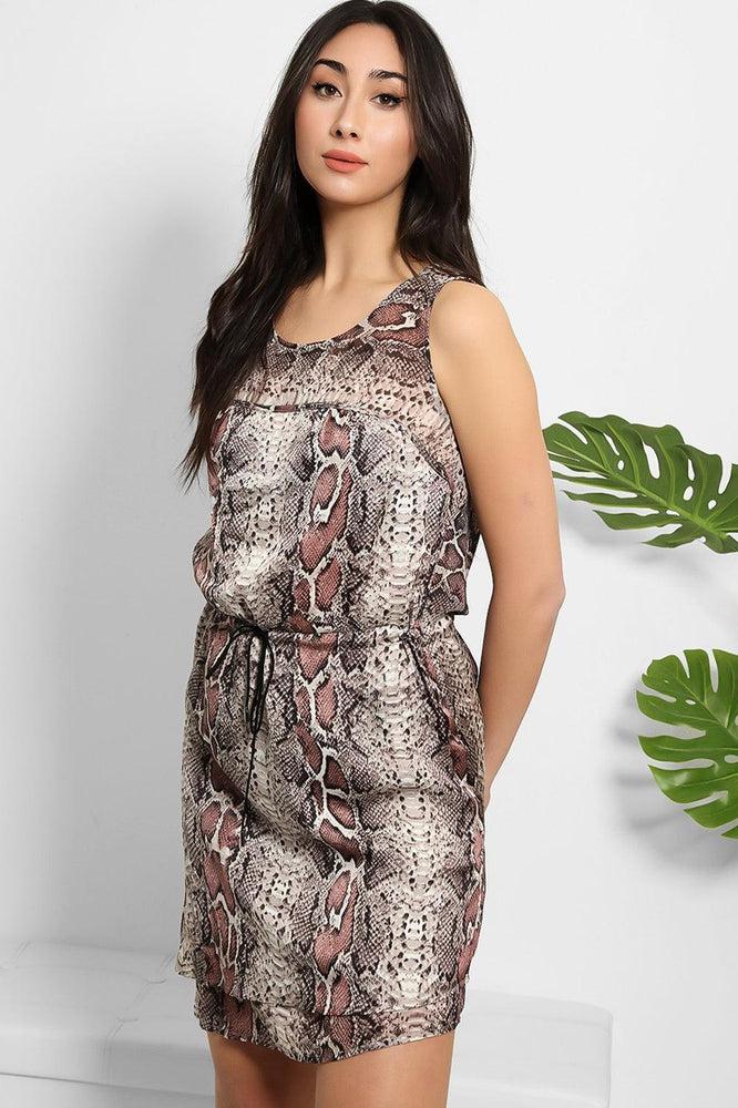 Grey Pink Phyton Print Drawstring Waist Dress