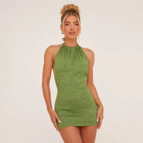 Halterneck Mini Bodycon Dress In Green Knit