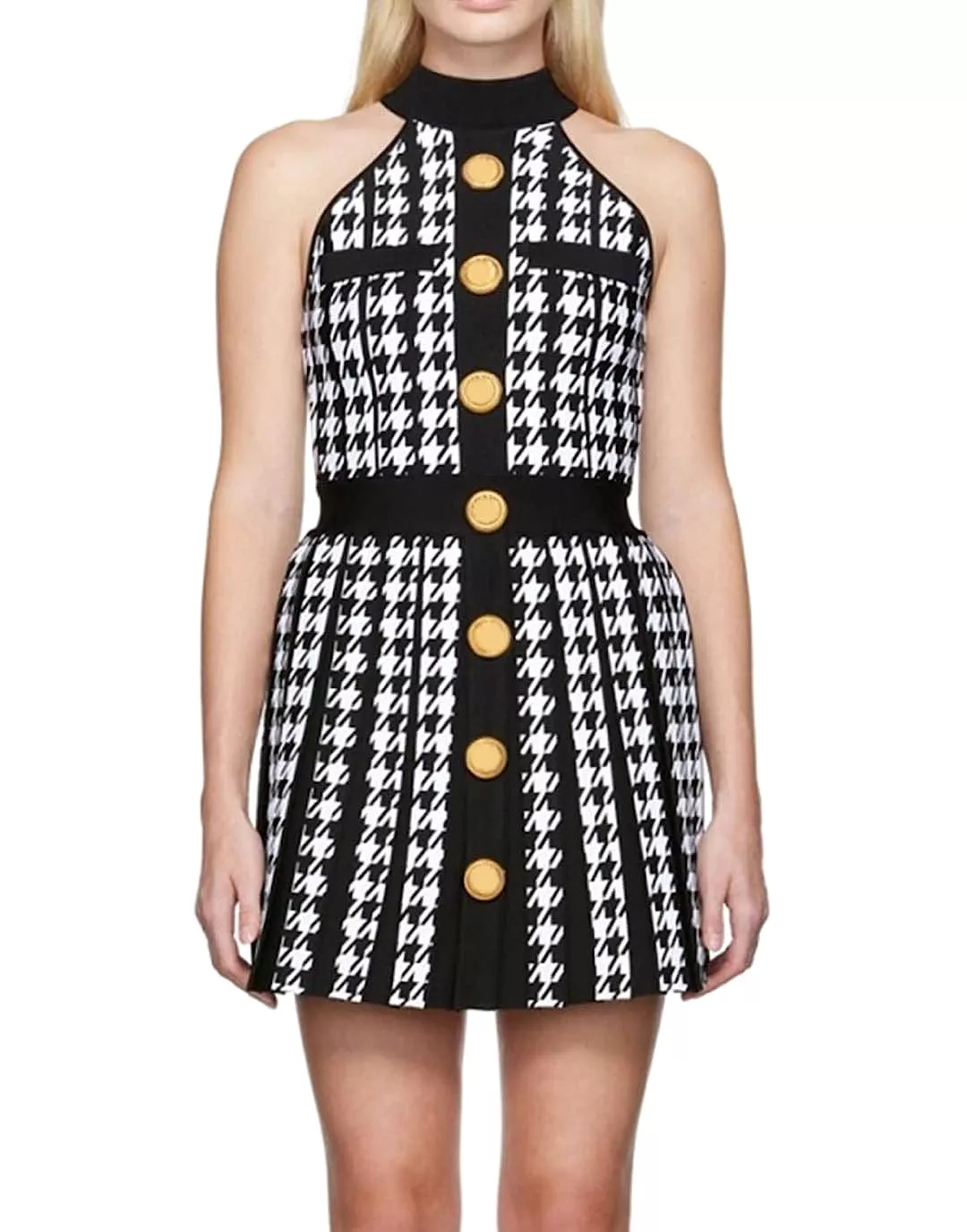 Houndstooth Pattern Halter Knit Dress