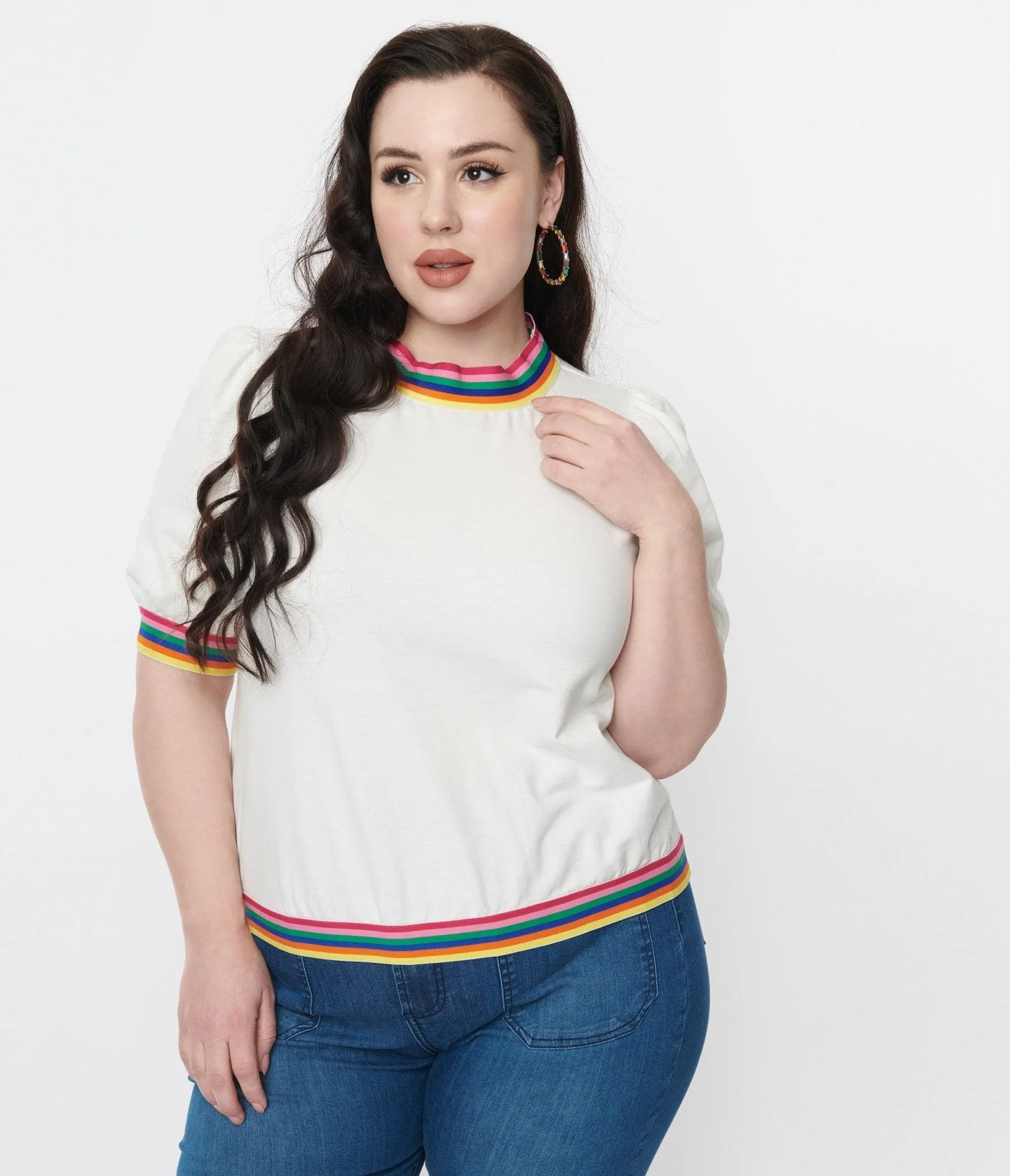 Ivory & Rainbow Trim Mock Neck Top