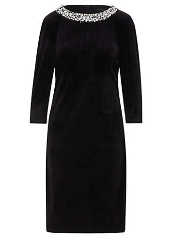 Kaleidoscope Black Velour Bead Trim Shift Dress | Kaleidoscope