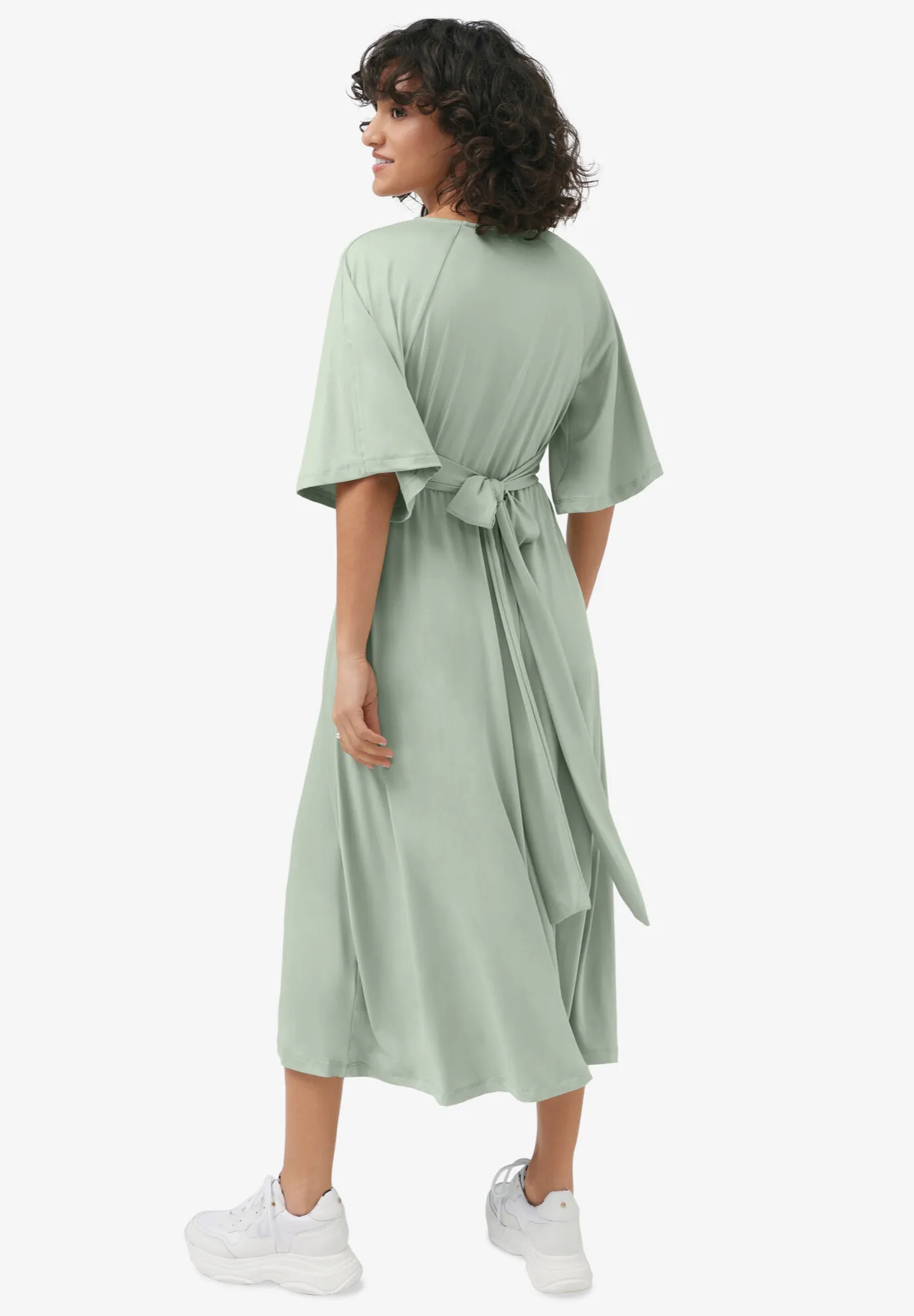 Knit Midi Dress With Surplice Neckline & Waist Tie