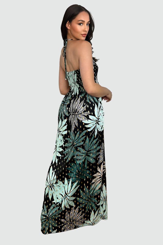 Leaves And Dots Print Shirred Bust Maxi Dress