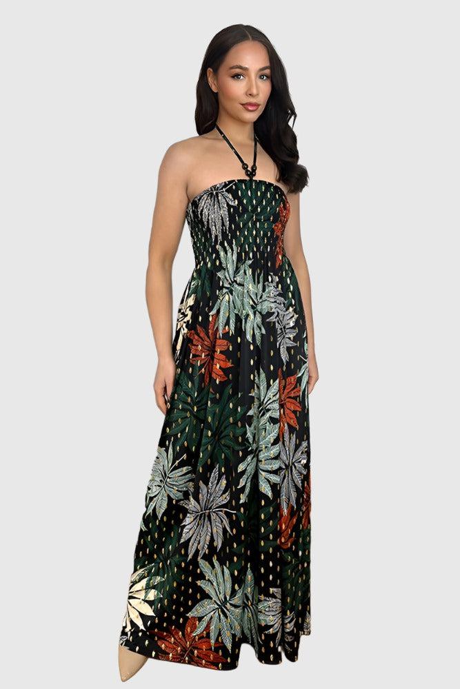 Leaves And Dots Print Shirred Bust Maxi Dress