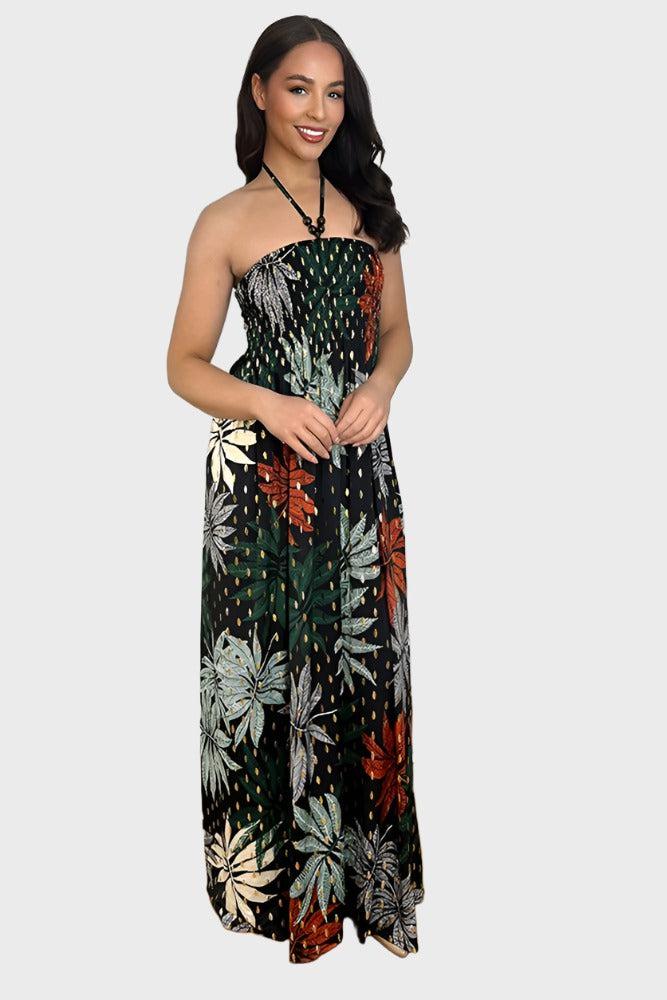 Leaves And Dots Print Shirred Bust Maxi Dress