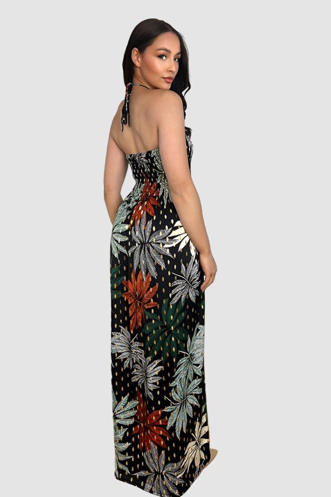 Leaves And Dots Print Shirred Bust Maxi Dress