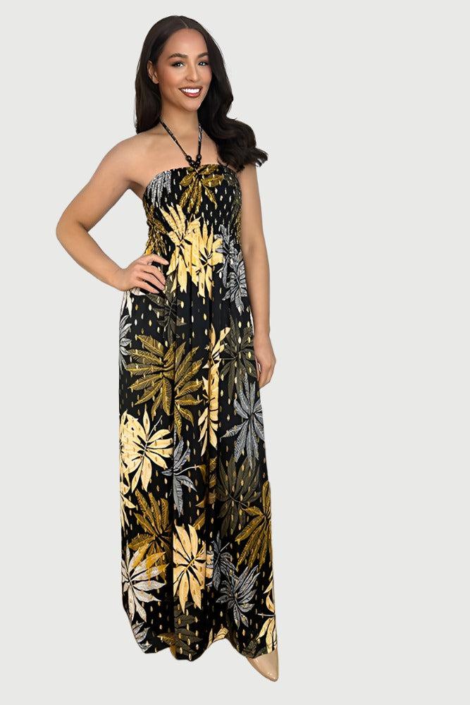 Leaves And Dots Print Shirred Bust Maxi Dress