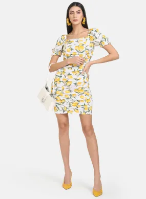 Lemon Print Ruched Mini Dress