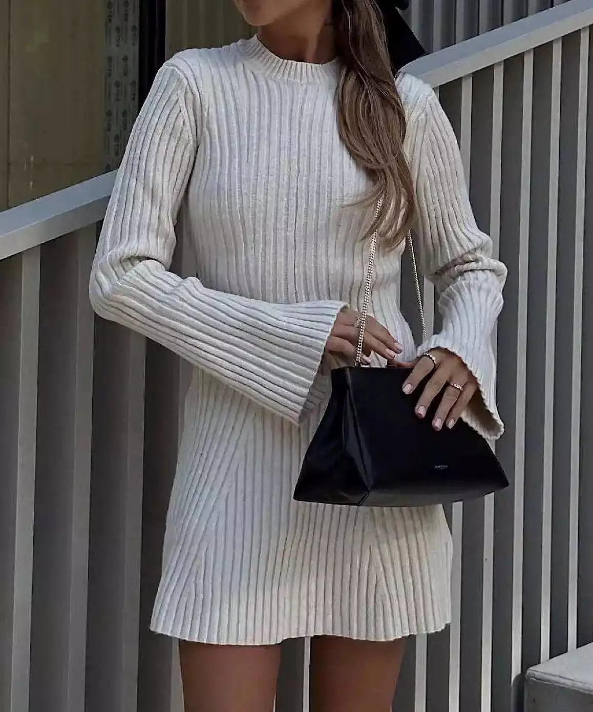 Long Sleeve Stripe Knit Short Dress In Gray