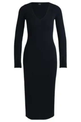 Long-sleeved V-neck dress with ribbed knit