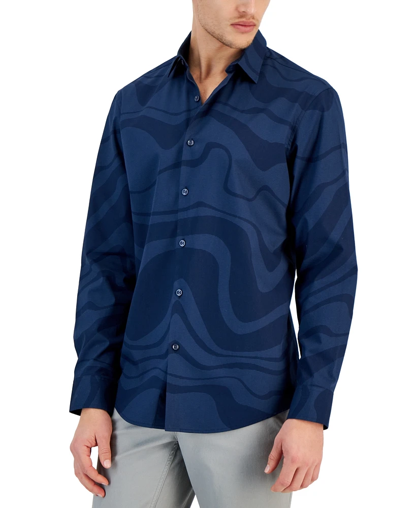 Macy's Alfani Men's Ocean Wave Regular-Fit Stretch Printed Button-Down Shirt, Created for Macy's