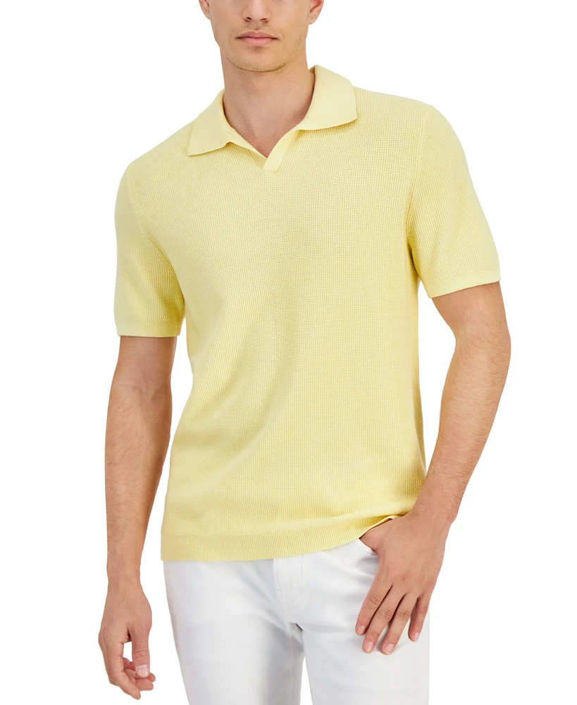 Macy's Alfani Men's Textured Waffle-Knit Short Sleeve Open Collar Polo Sweater, Created for Macy's