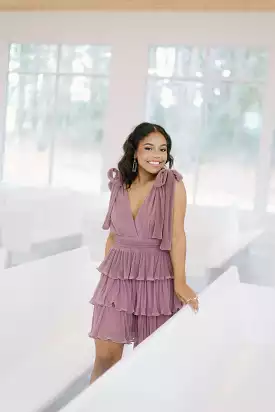 Mauve Pleated Ruffled Mini Dress