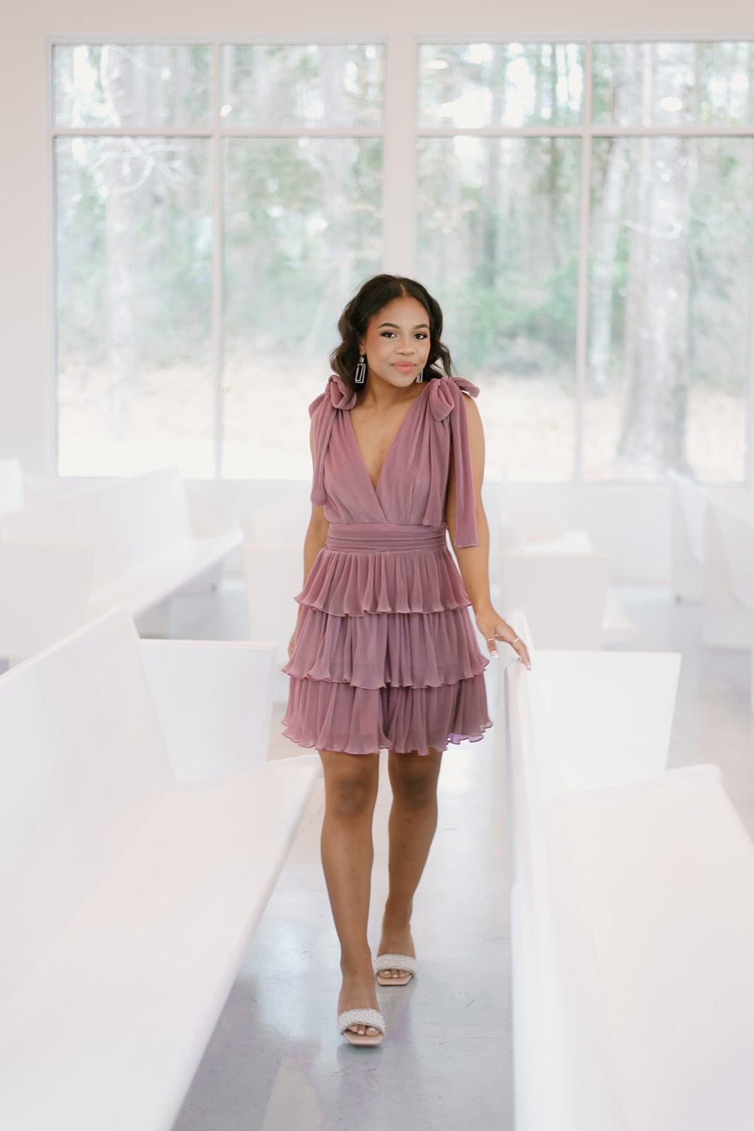 Mauve Pleated Ruffled Mini Dress