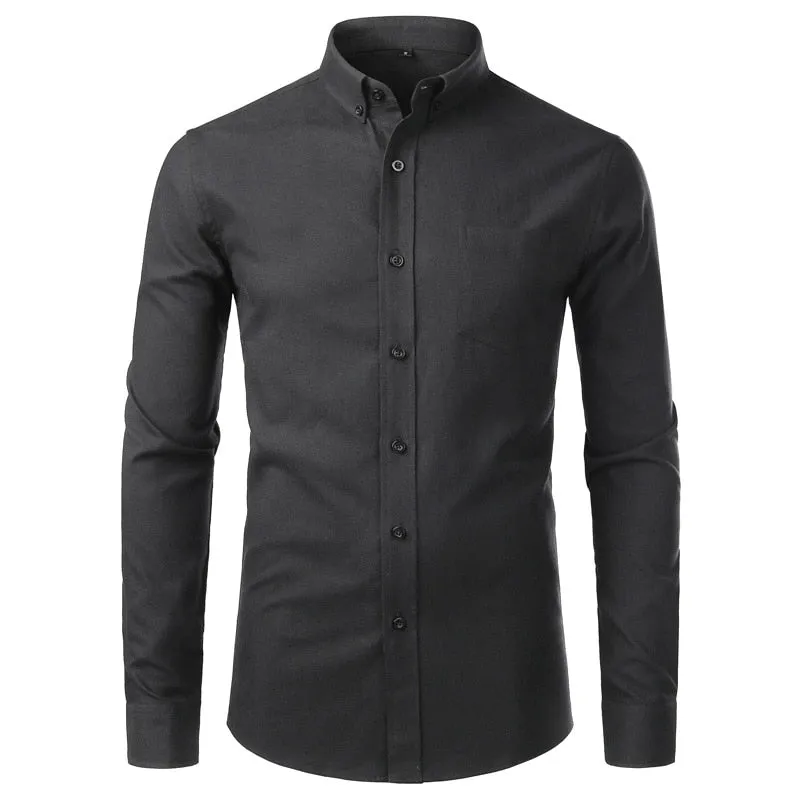 Men's Casual Solid Oxford Cotton Stand Collar Slim Fit Long Sleeve Shirt