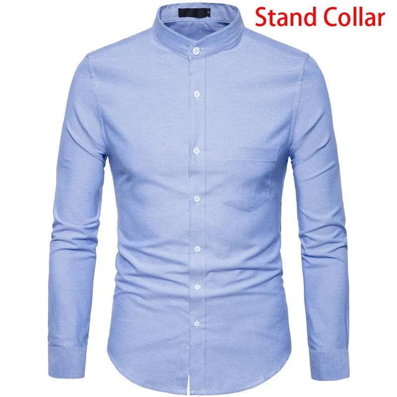 Men's Casual Solid Oxford Cotton Stand Collar Slim Fit Long Sleeve Shirt