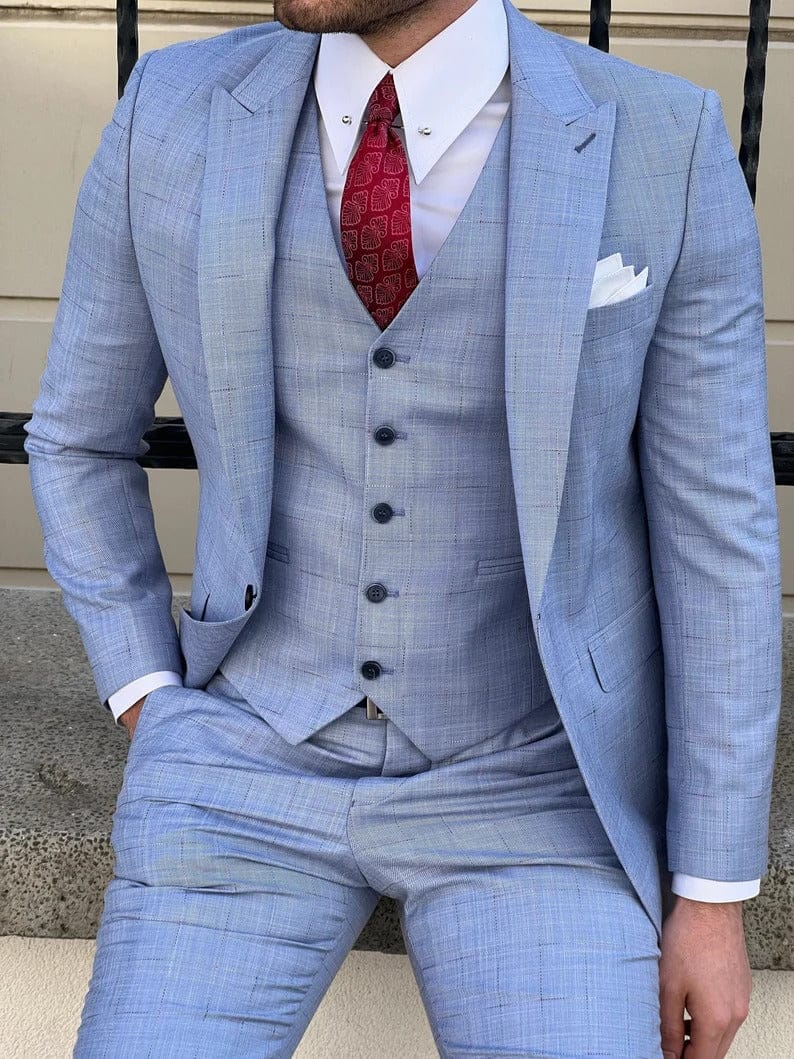 Mens Slim Fit Wool Plaid Blue Suit