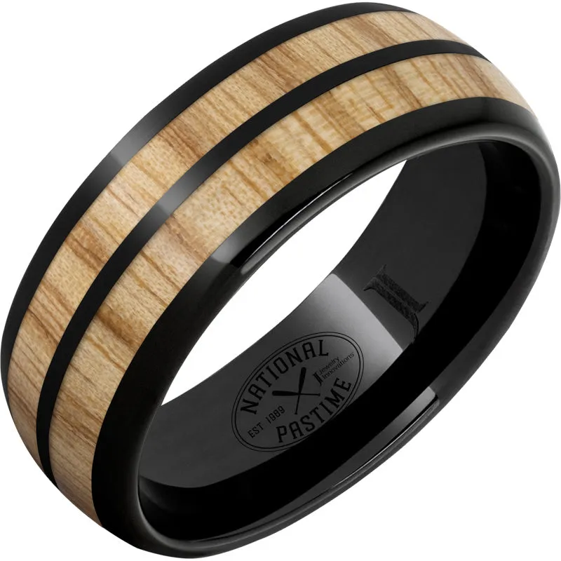 National Pastime Collection Black Diamond Ceramic Dome Ring with Vintage White Ash Baseball Bat Wood Inlays