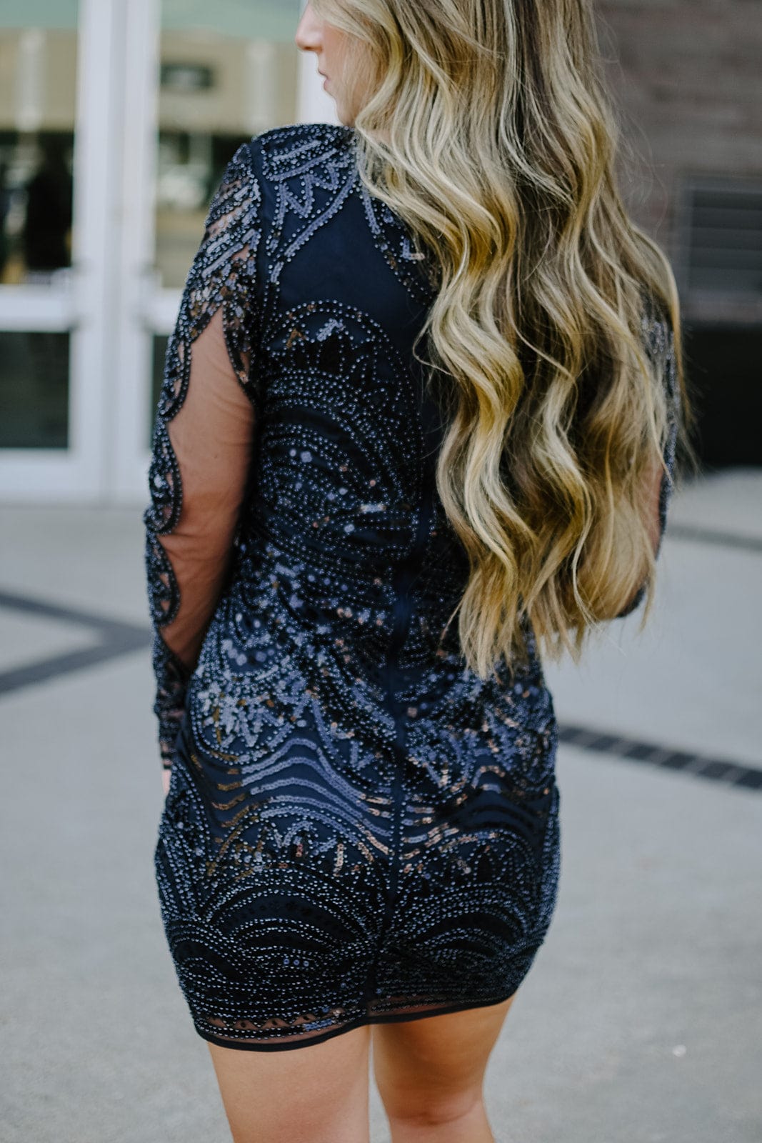 Navy Beaded Long Sleeve Cocktail Dress