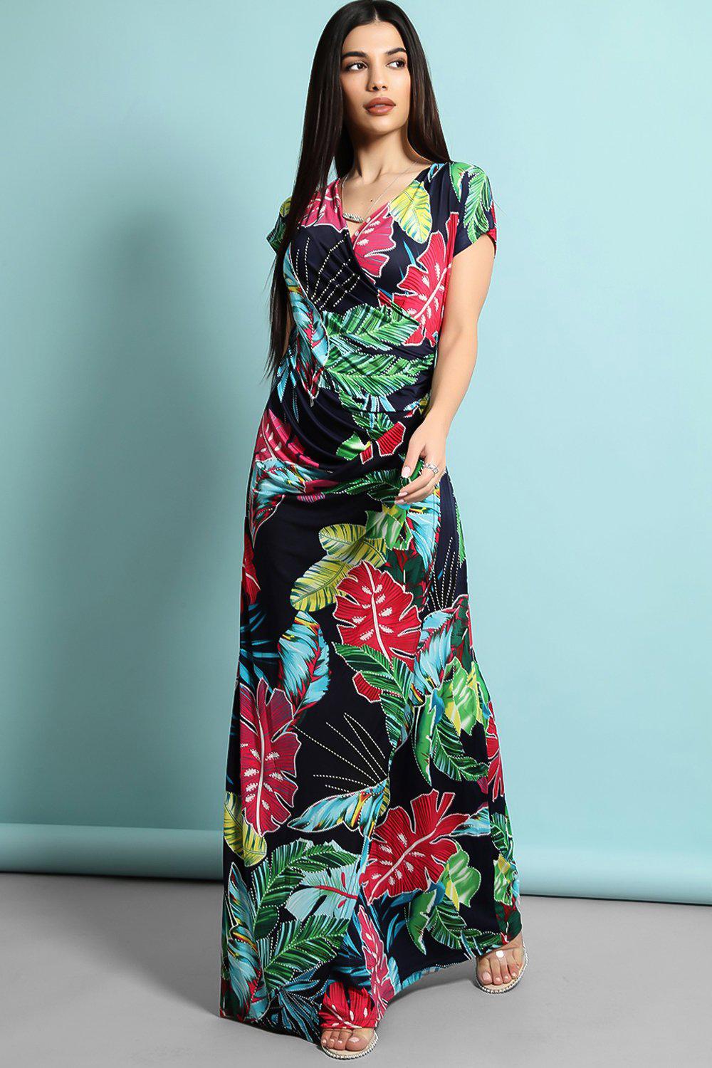 Navy Blue Large Tropical Leaves Print Maxi Slinky Dress