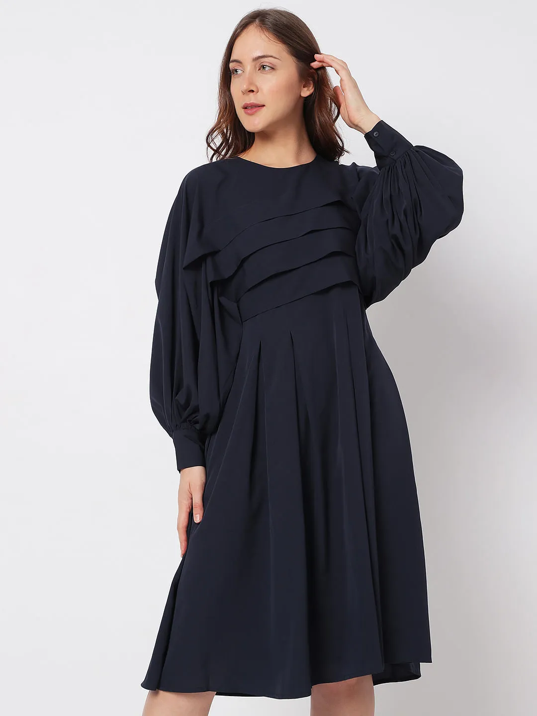 Navy Blue Pleated Shift Dress