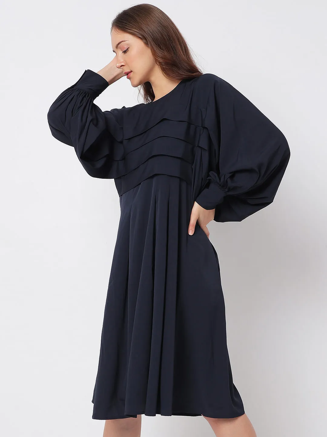 Navy Blue Pleated Shift Dress