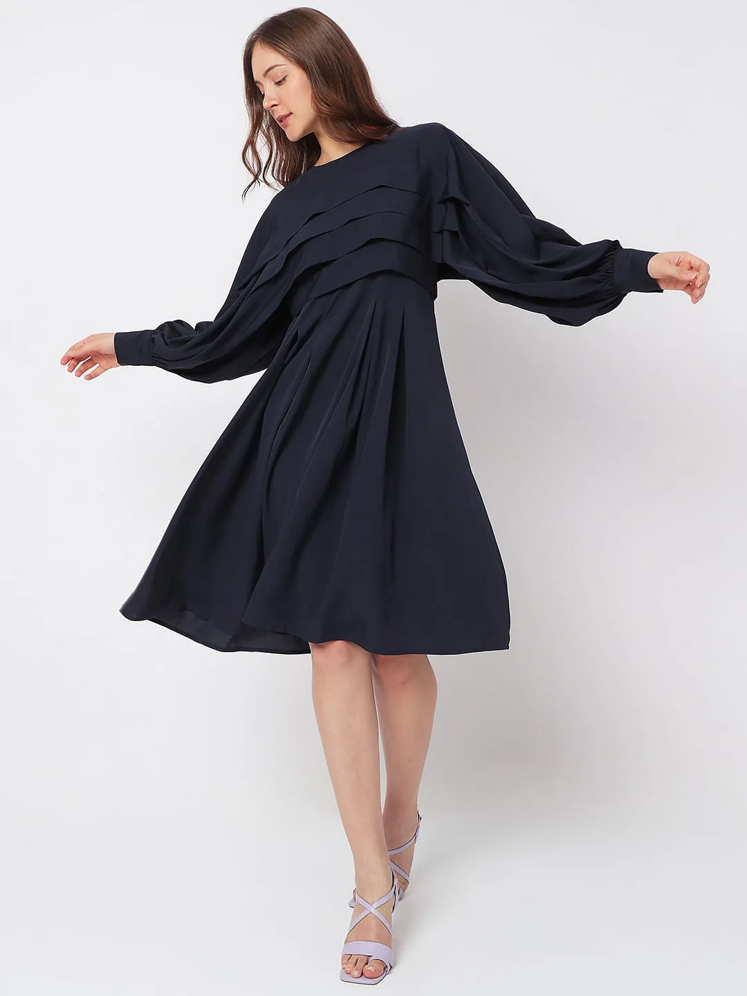 Navy Blue Pleated Shift Dress